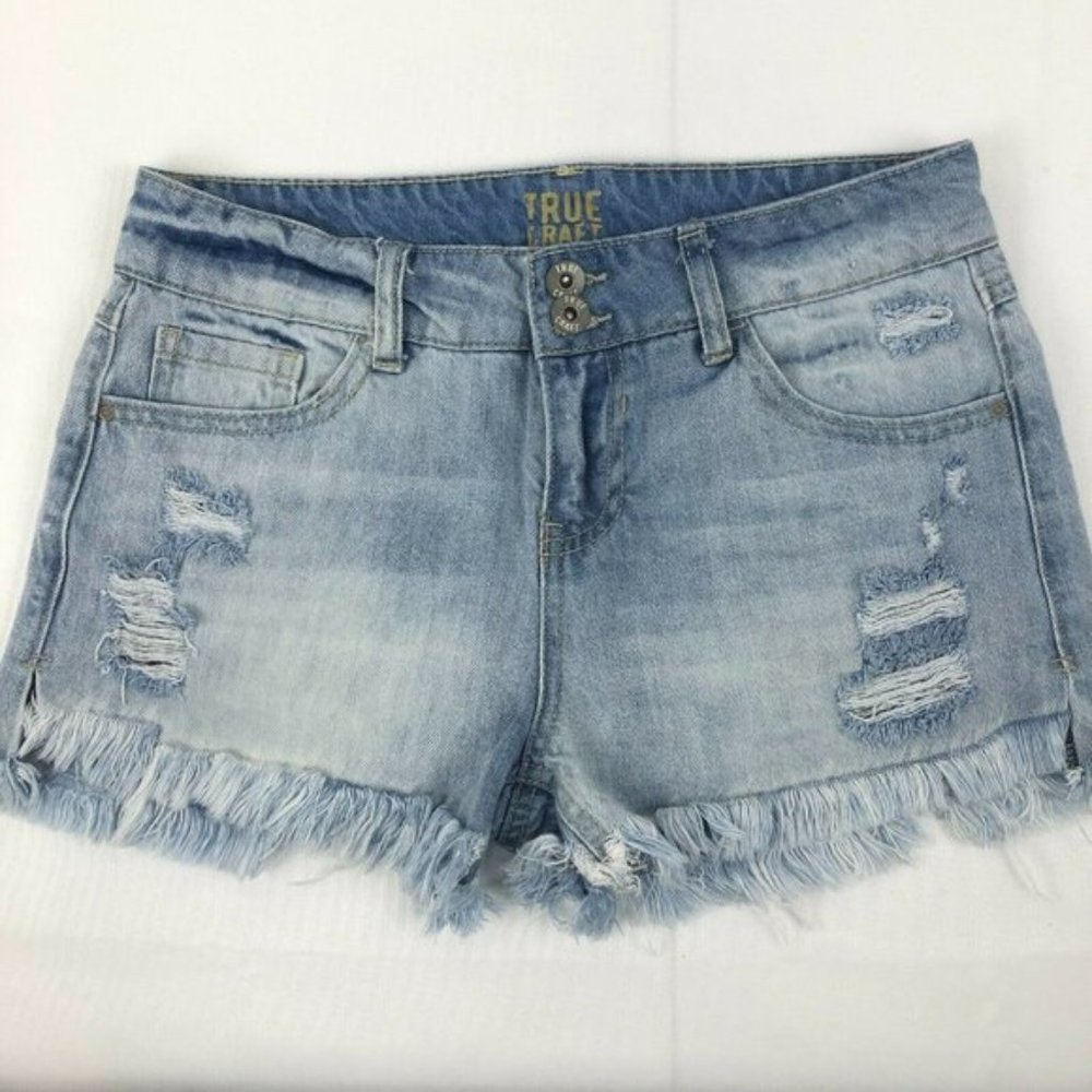 True Craft Short Shorts Juniors Size 3 Blue Jean Stretch Frayed Distressed Denim
